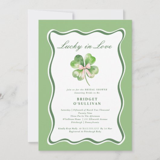Lucky in Love Bridal Shower  Shamrock Invitation Kaart (Voorkant)