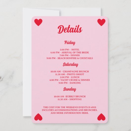 Lucky In Love Chic Roze & Rood Bachelorette Weeken Kaart (Achterkant)