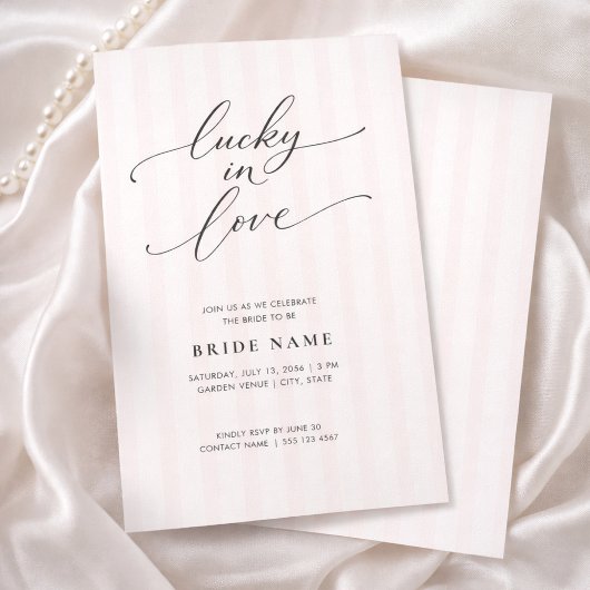 Lucky in Love Elegant Pink Stripe Bridal Shower Kaart