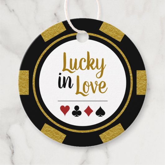 Lucky in Love Gold Black Poker Chip Weddenschap Bedankjes Labels (Voorkant)