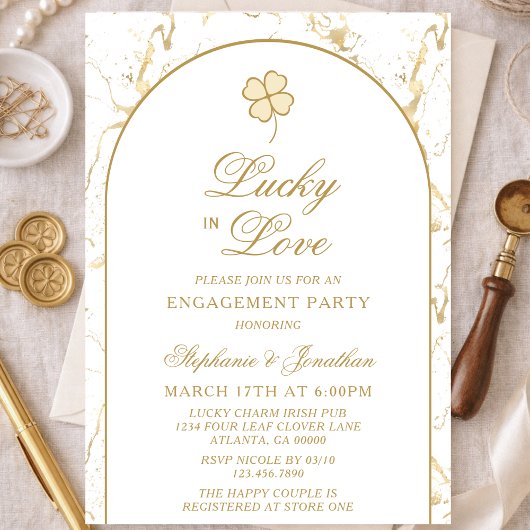 Lucky in Love Gold Shamrock Engagement Party Kaart