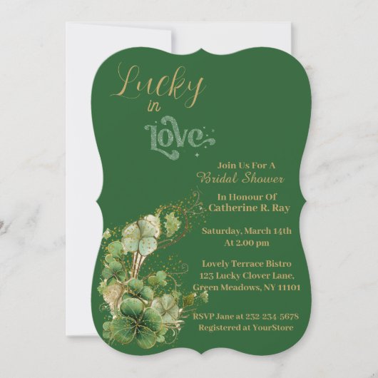 Lucky in Love Gold Shimmer Shamrock Vrijgezellenfe Kaart (Voorkant)