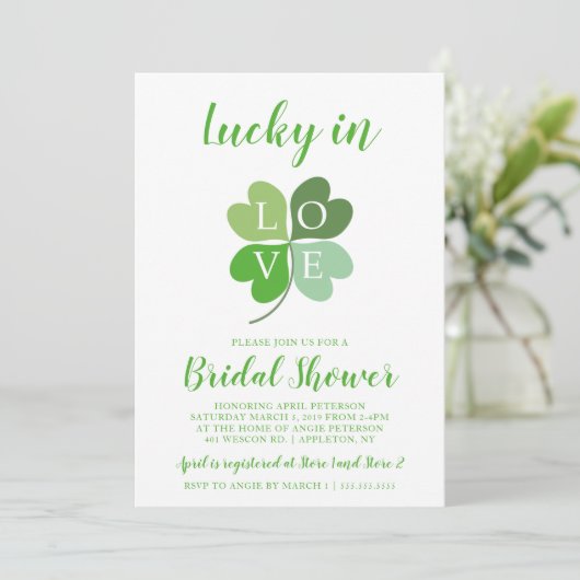 Lucky In Love Green Heart Shamrock Vrijgezellenfee Kaart (Staand voorkant)