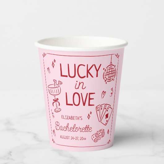 Lucky in Love grillige hand getrokken Bachelorette Papieren Bekers (Voorkant)