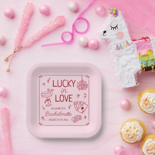 Lucky in Love grillige hand getrokken Bachelorette Papieren Bordje (Feest)