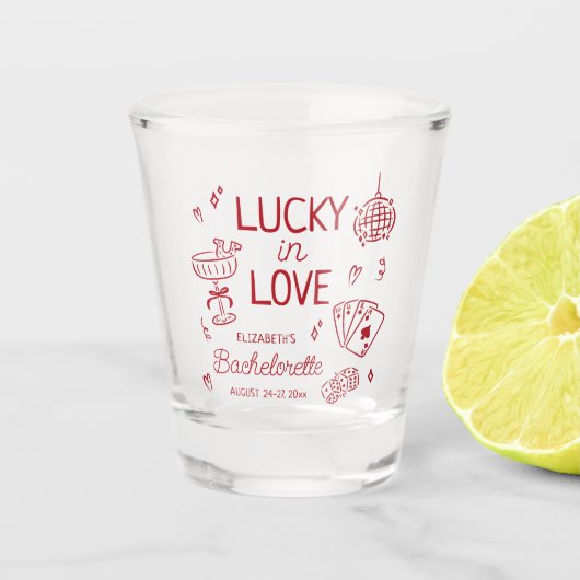 Lucky in Love grillige hand getrokken Bachelorette Shot Glas (Voorkant)