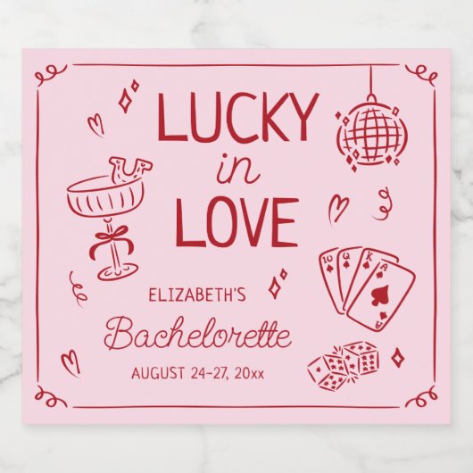 Lucky in Love grillige hand getrokken Bachelorette Sparkling Wijnetiket (Enkel label)