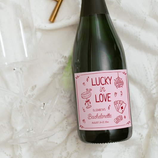 Lucky in Love grillige hand getrokken Bachelorette Sparkling Wijnetiket