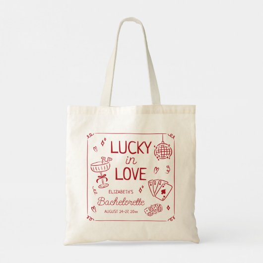 Lucky in Love grillige hand getrokken Bachelorette Tote Bag (Achterkant)