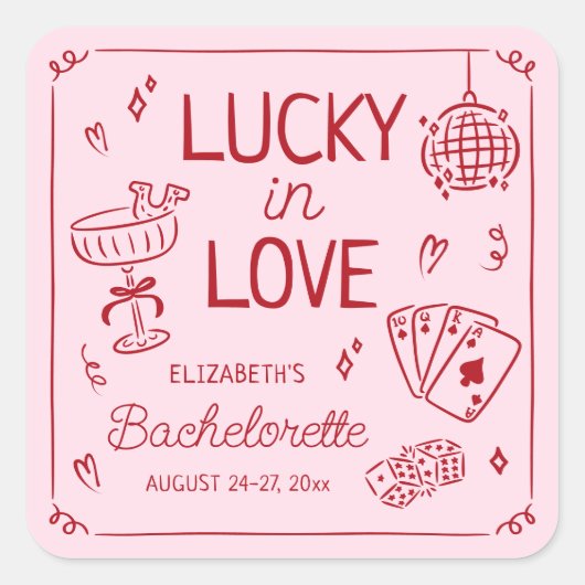 Lucky in Love grillige hand getrokken Bachelorette Vierkante Sticker (Voorkant)