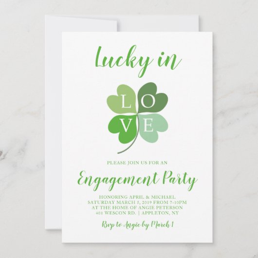 Lucky In Love Heart Shamrock Engagement Party Kaart (Voorkant)