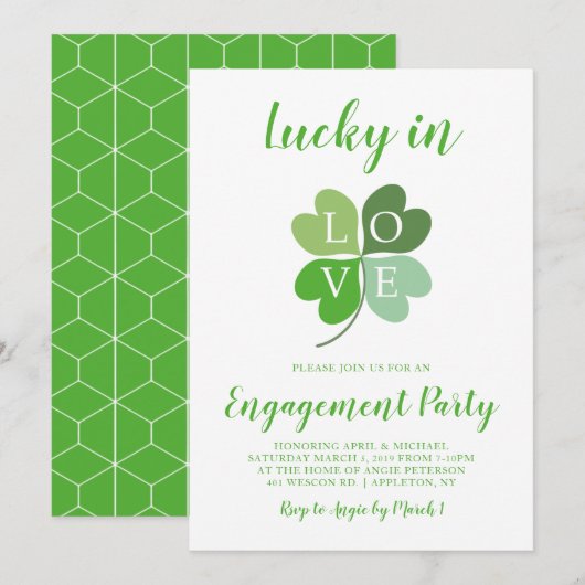 Lucky In Love Heart Shamrock Engagement Party Kaart (Voorkant / Achterkant)