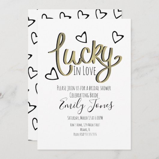 Lucky in Love Hearts Bridal Shower Save The Date (Voorkant / Achterkant)