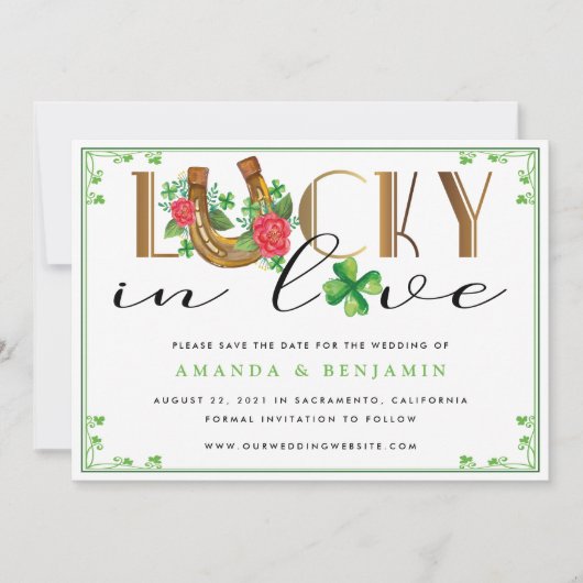 Lucky In Love Hoefijzer en Shamrock Save The Date (Voorkant)