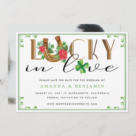 Lucky In Love Hoefijzer en Shamrock Save The Date (Voorkant / Achterkant)