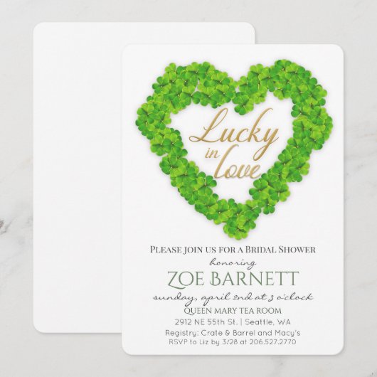 Lucky In Love Klaver Bruids Douche Uitnodiging (Voorkant / Achterkant)