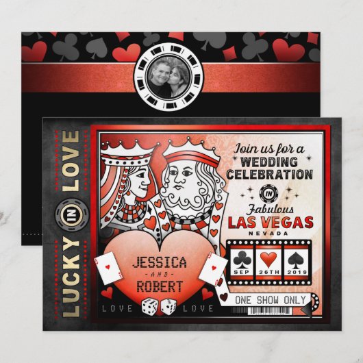 Lucky in Love Las Vegas Red Wedding Invite Kaart (Voorkant / Achterkant)