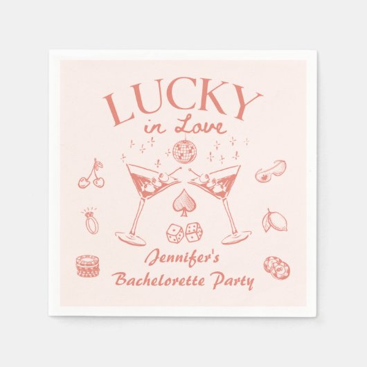 Lucky In Love Perzik Cocktails Bachelorette Feest Servet (Voorkant)