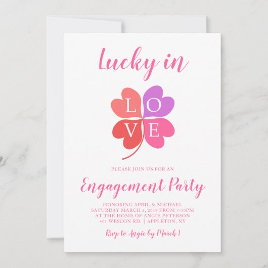 Lucky in Love Pink Heart Shamrock Engagement Party Kaart (Voorkant)