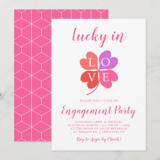 Lucky in Love Pink Heart Shamrock Engagement Party Kaart (Voorkant / Achterkant)