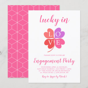 Lucky in Love Pink Heart Shamrock Engagement Party Kaart