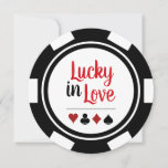 Lucky in Love Poker Chip Black White Weddenschap Kaart<br><div class="desc">Daag je gasten door ze deze zwarte en witte 'Lucky in Love' pokerchips trouwuitnodigingen te sturen. Ze wachten vol ongeduld om bij je te zijn op deze leuke bruiloft.</div>