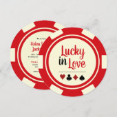 Lucky In Love Poker Chip Rood Gebroken Wit Bruilof Kaart (Voorkant / Achterkant)