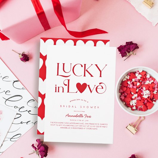 Lucky in Love Red Heart Bridal Shower Kaart