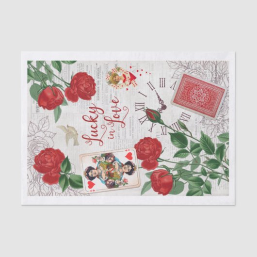 Lucky in Love, Red Roses, Queen of Hearts Collage Tissuepapier (Voorkant)