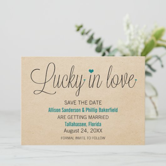 Lucky in Love Save the Date, Turkoois Save The Date (Staand voorkant)