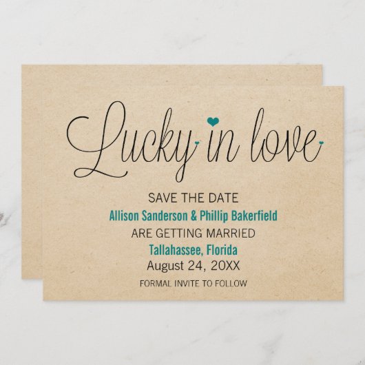 Lucky in Love Save the Date, Turkoois Save The Date (Voorkant / Achterkant)