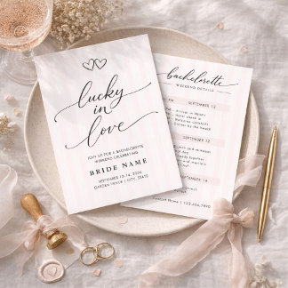 Lucky in Love Script Stripe Bachelorette Weekend Kaart