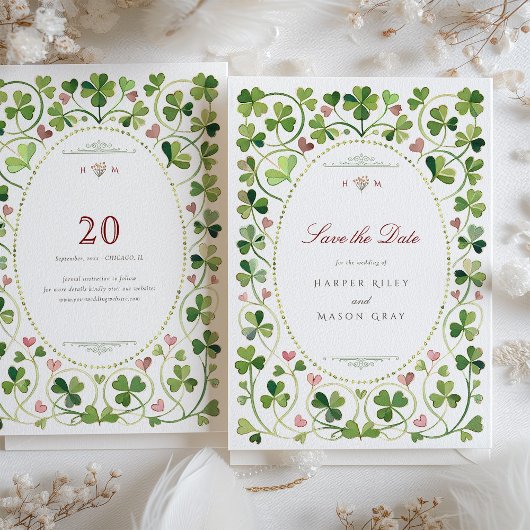 Lucky in Love Shamrock & Hearts Save the Date Kaar Kaart