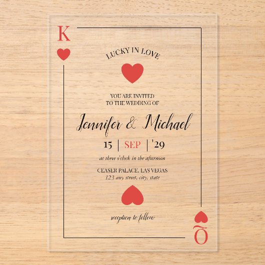 Lucky in Love Spelen Kaart Las Vegas Wedding Acryl Uitnodigingen (Voorkant)