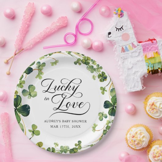 Lucky in Love Vrijgezellenfeest Green Shamrock Papieren Bordje (Feest)