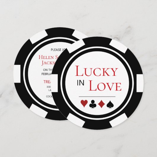 Lucky In Love Zwart Wit Poker Chip Vegas Bruiloft Kaart (Voorkant / Achterkant)