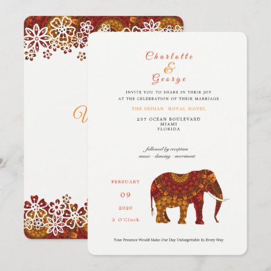 Lucky Indian Elephant Elegant Lace Wedding Invite Kaart (Voorkant / Achterkant)