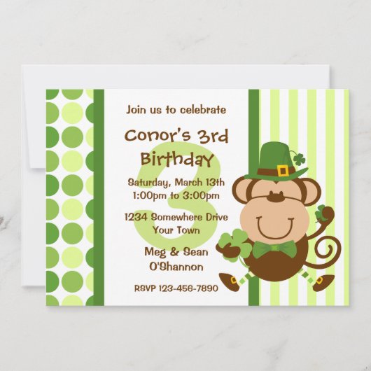 Lucky Irish Monkey Birthday Invitation Kaart (Voorkant)