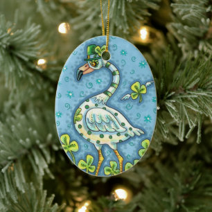 LUCKY IRISH POLKA DOT FLAMINGO, FUNNY BIRD 2021 KERAMISCH ORNAMENT