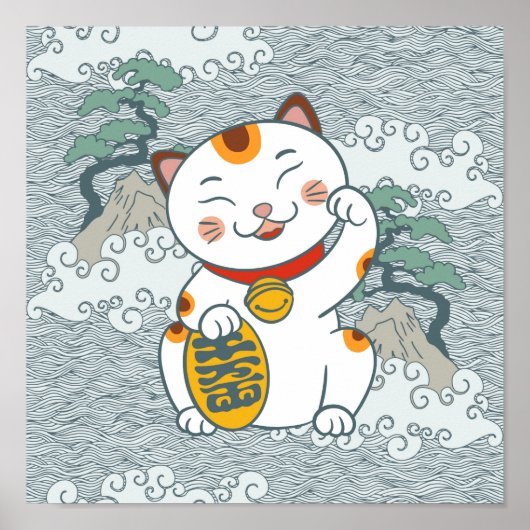 Lucky Japans Calico Cat | Maneki Neko Left Paw Poster (Voorkant)