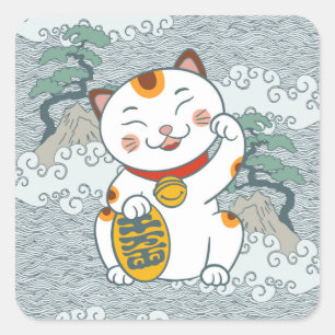Lucky Japans Calico Cat   Maneki Neko Left Paw Vierkante Sticker