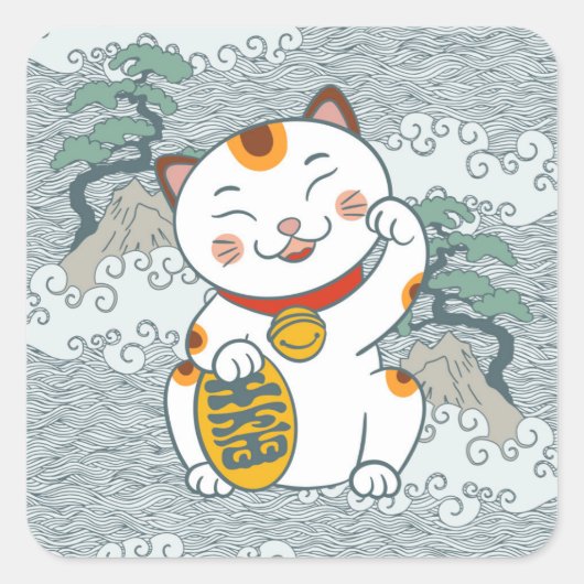 Lucky Japans Calico Cat | Maneki Neko Left Paw Vierkante Sticker (Voorkant)