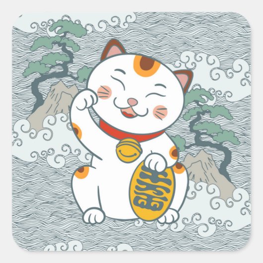 Lucky Japans Calico Cat | Maneki Neko Vierkante Sticker (Voorkant)