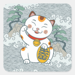 Lucky Japans Calico Cat   Maneki Neko Vierkante Sticker