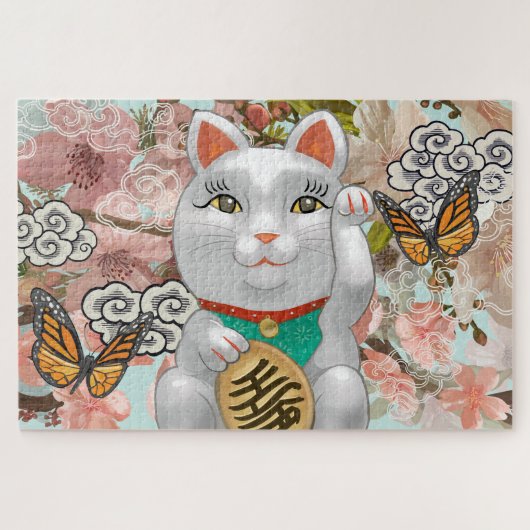 Lucky Japans kat | Bloembloesems Legpuzzel (Horizontaal)