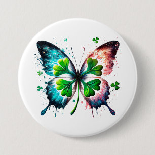 Lucky klaver met vlinder ronde button 7,6 cm