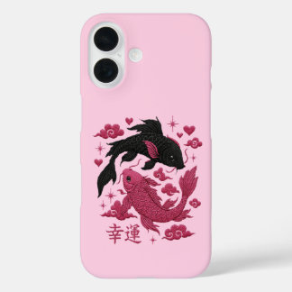 Lucky Koi Yin-Yang Borduurwerk | Zwarte & Roze Est iPhone 16 Hoesje