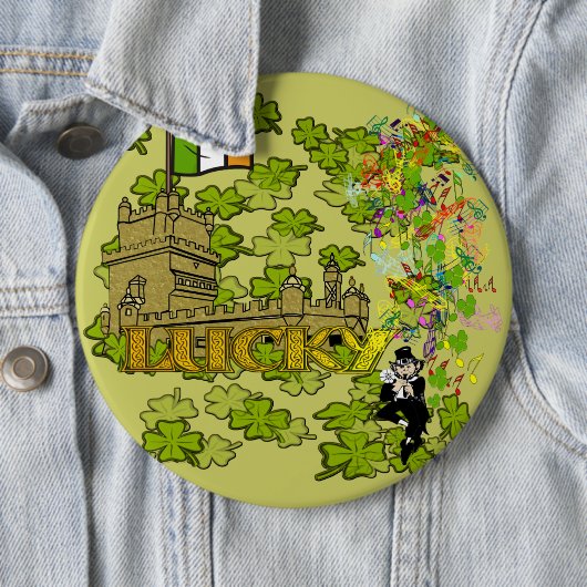 Lucky Leprechaun en Zijn Irish Castle Ronde Button 6,0 Cm (In situ)
