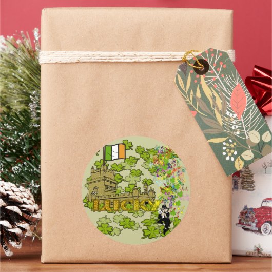 Lucky Leprechaun en Zijn Irish Castle Ronde Sticker (Feestdagen)