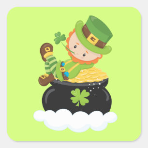 Lucky Leprechaun op een pot goud Vierkante Sticker
